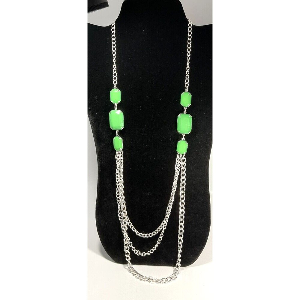 New The Skyline Collection Layered Silver Tone Green Beaded Statement Necklace